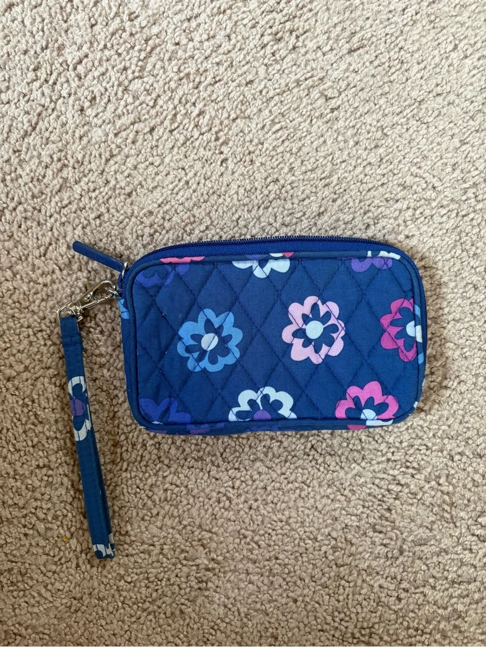 Vera Bradley Quilted Kids Wristlet in Navy with Pink & Purple Flowers